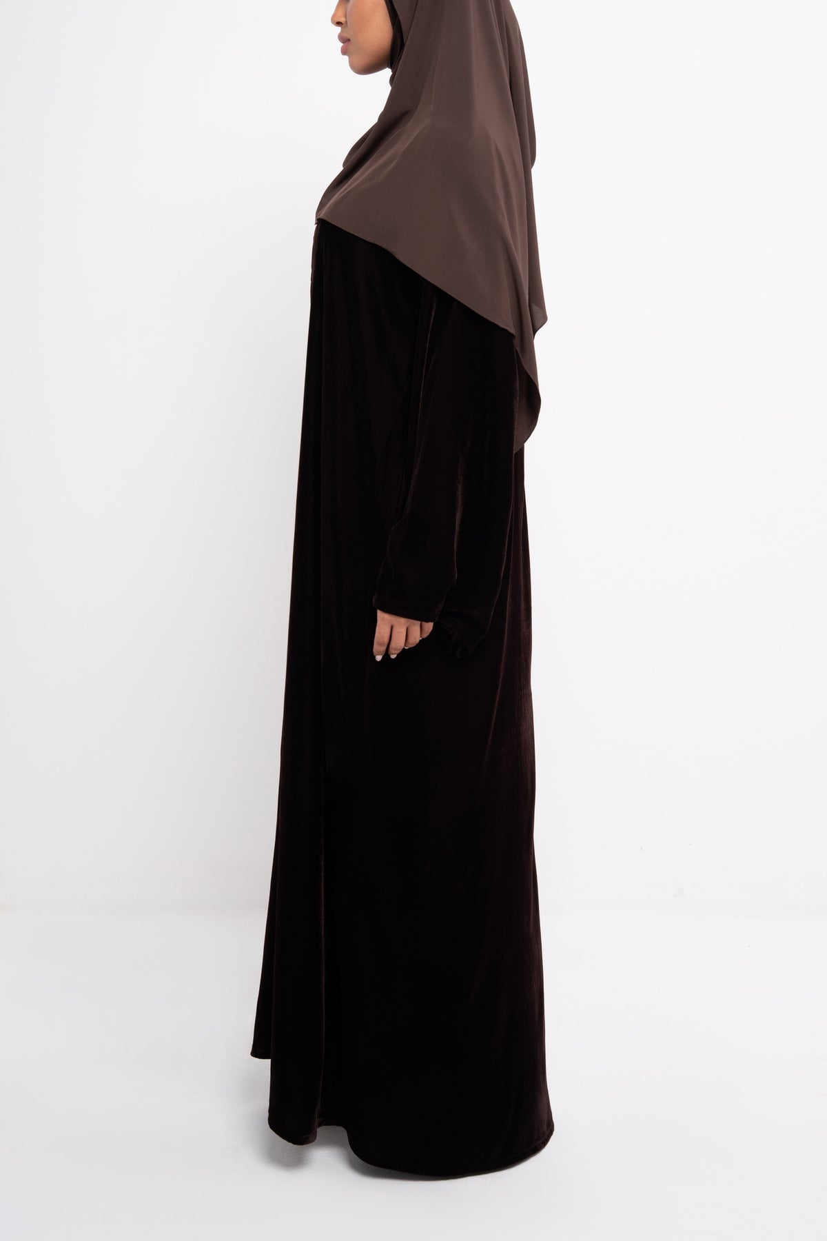 Velvet Abaya in Dark Chocolate - Back View | CO-VRD