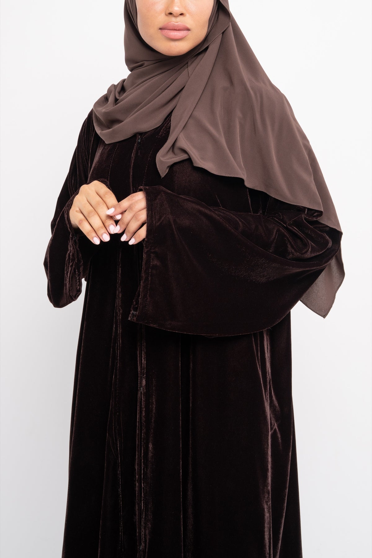 Dark chocolate velvet abaya with elegant drape - CO-VRD modest fashion