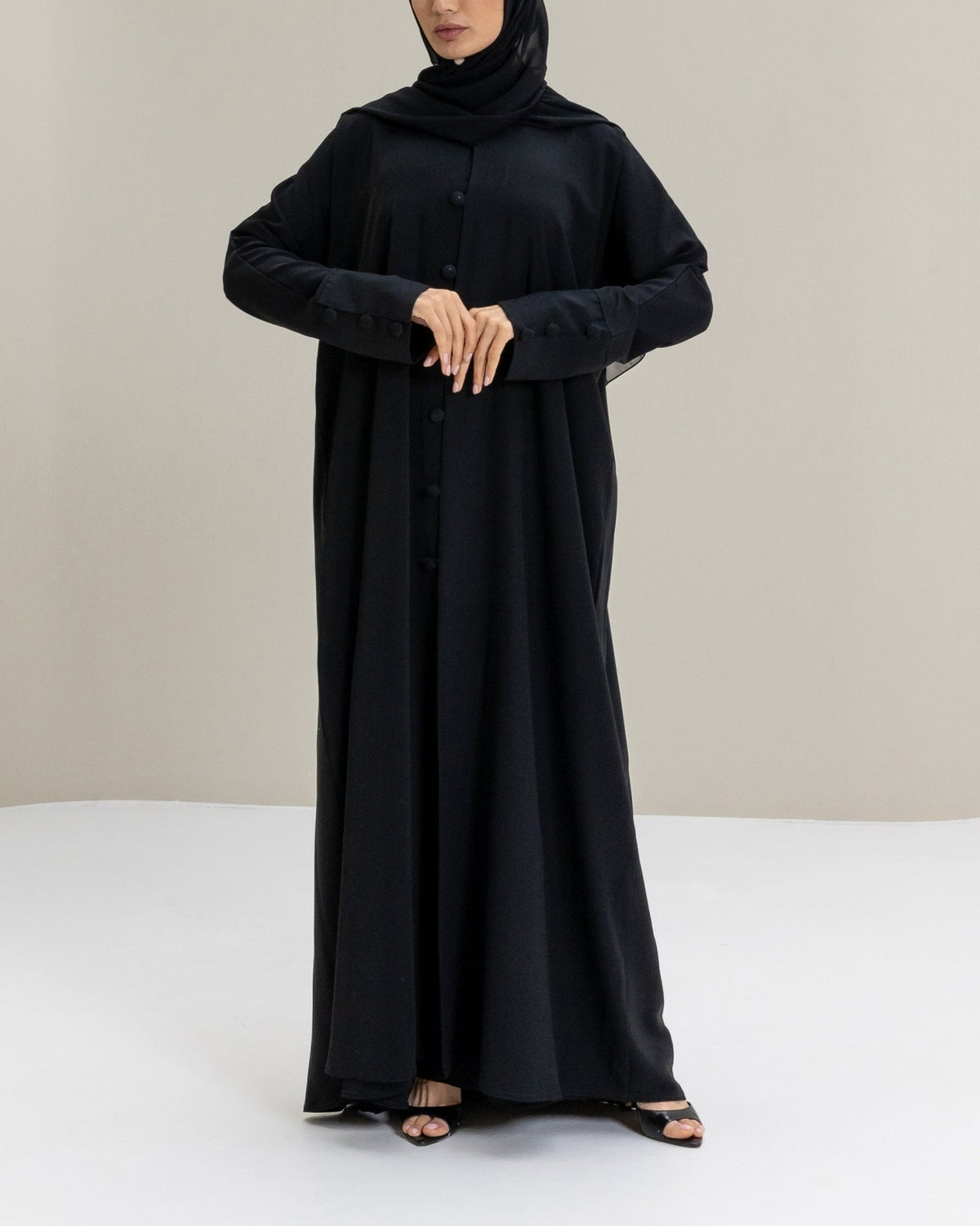 Button-Detail Abaya in Black and Hijab - elegant modest designer abaya - CO-VRD