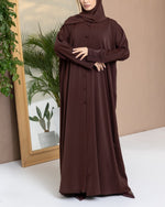 Button-Detail Abaya in Brown and Hijab - elegant modest designer abaya - CO-VRD